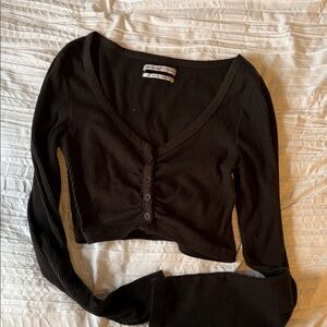 Urban Outfitters Black Ribbed Button-Front Long-Sleeve Crop Top